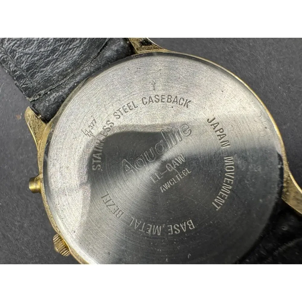 Vintage Aqualite Moon Phase Watch Women Quartz Made Gold Tone Black Leather Band